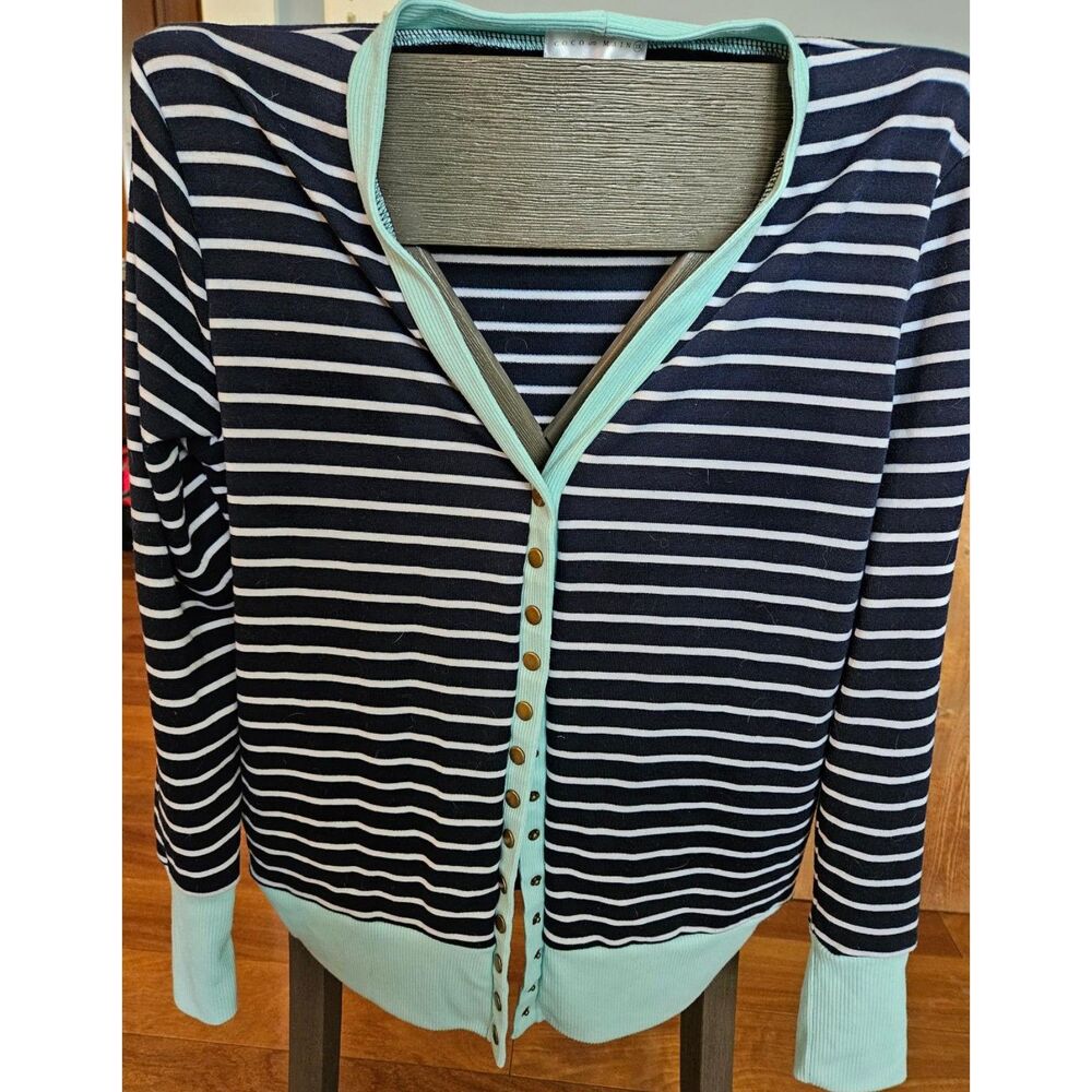 Coco and Main Blue/Green Striped Snap Cardigan - Picture 3 of 3